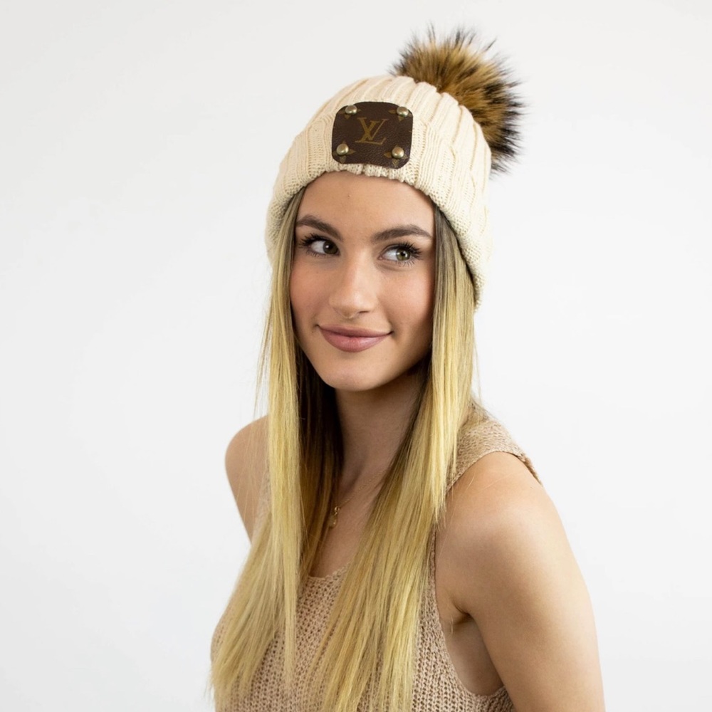 NEW Cream Beanie with Authentic Louis Vuitton Patch & Fur Pom from Vintage Boho